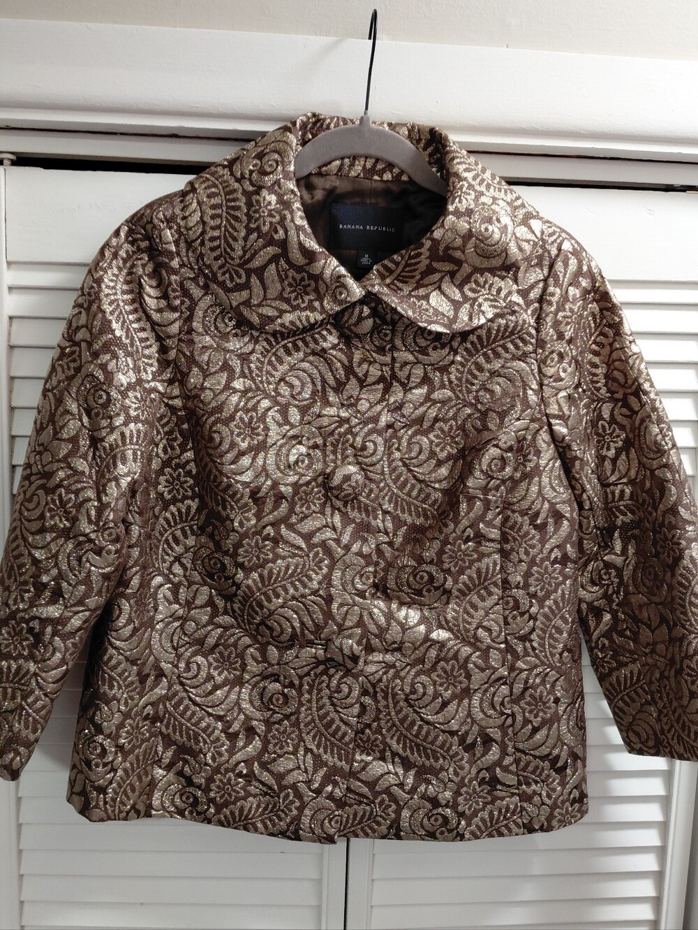 Banana Republic Bronze Floral Silk Brocade Pea Coat Jacket